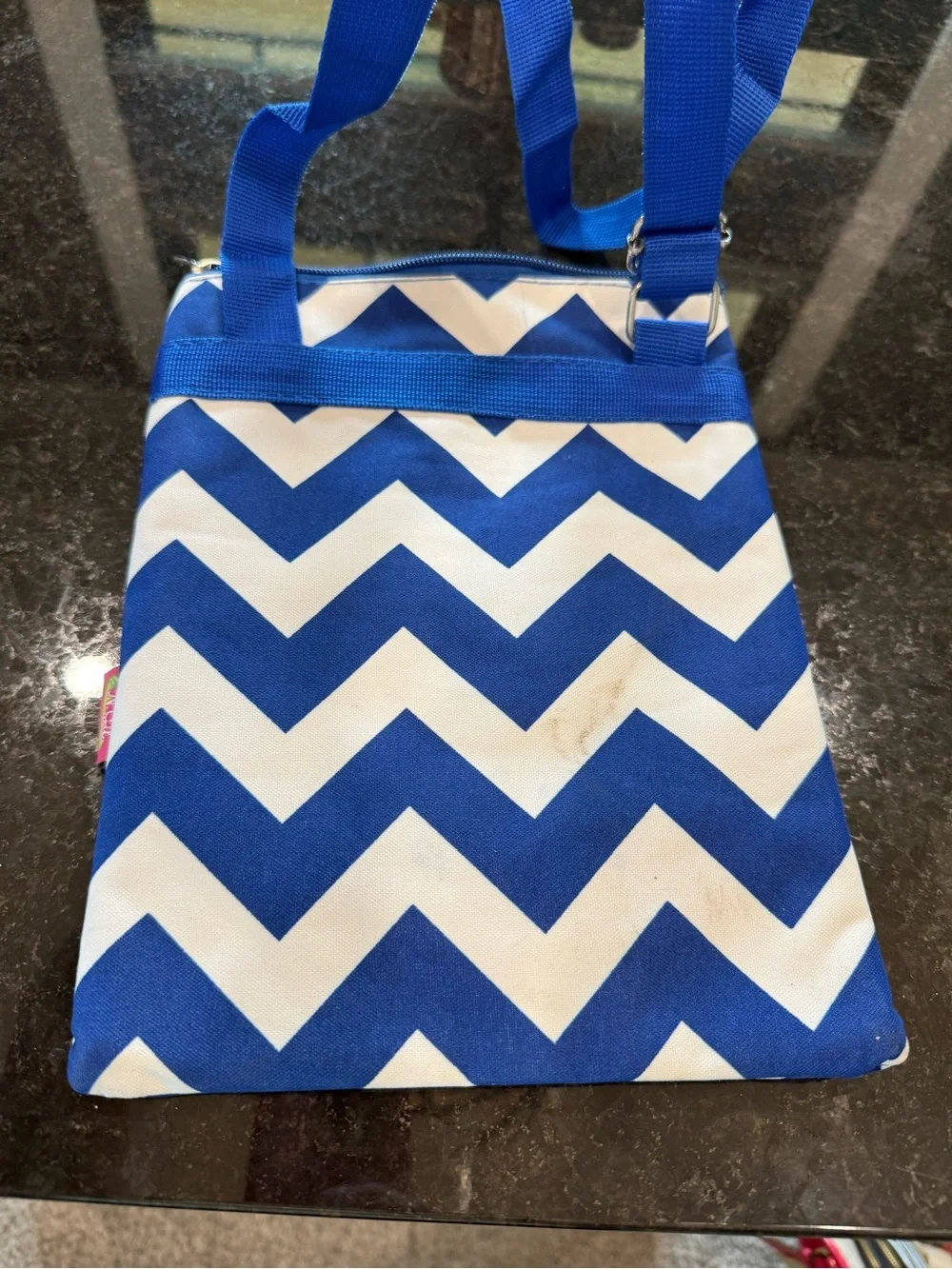 Chevron Pattern Navy & White Triple-Zip Pouch with Pink Monogram